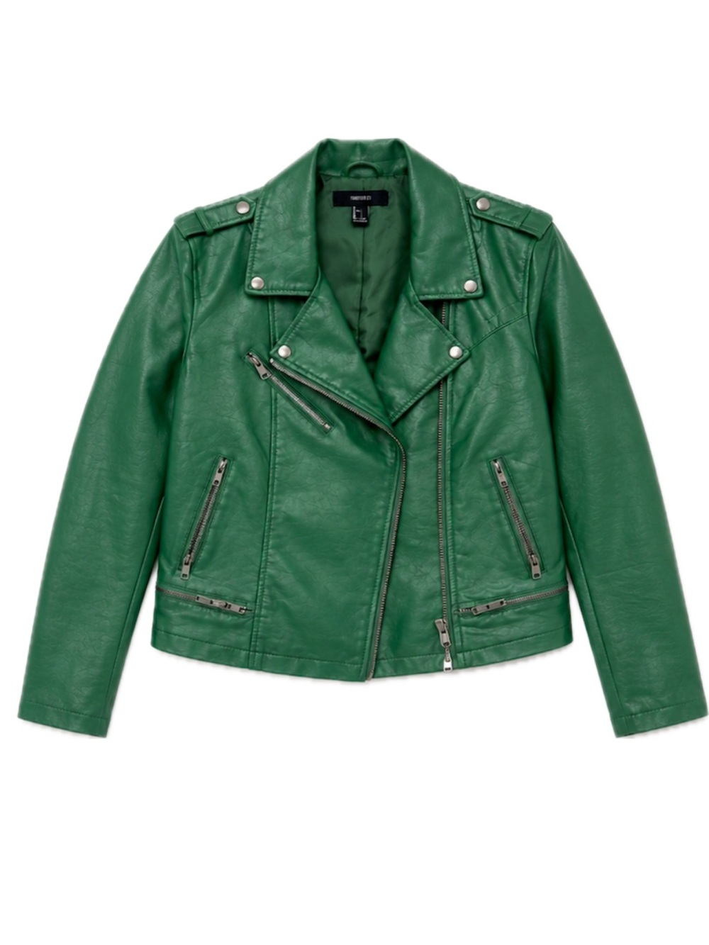 💚 Forever 21 Emerald Green Faux Leather Moto Jacket | Size Large